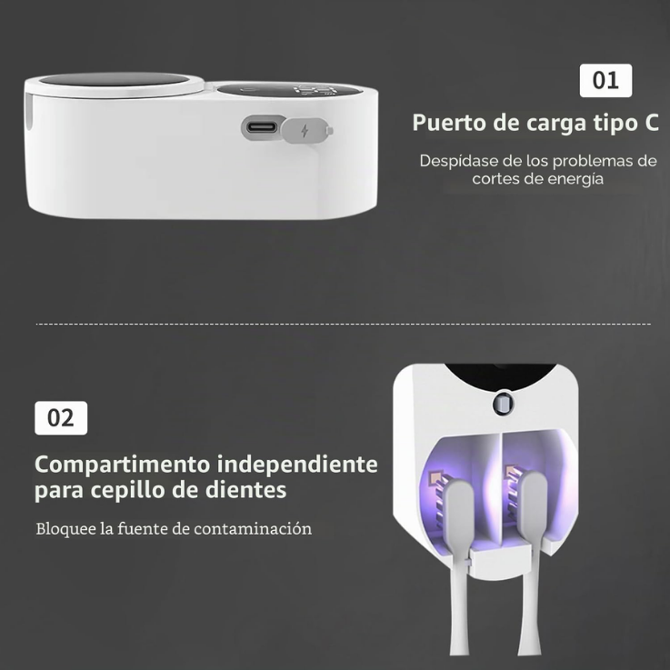 Esterilizador de Cepillos de Dientes Inteligente Recargable por USB, Desinfección Ultravioleta, Secado por Aire, Soporte de Pared para Cepillos de Dientes Eléctricos
